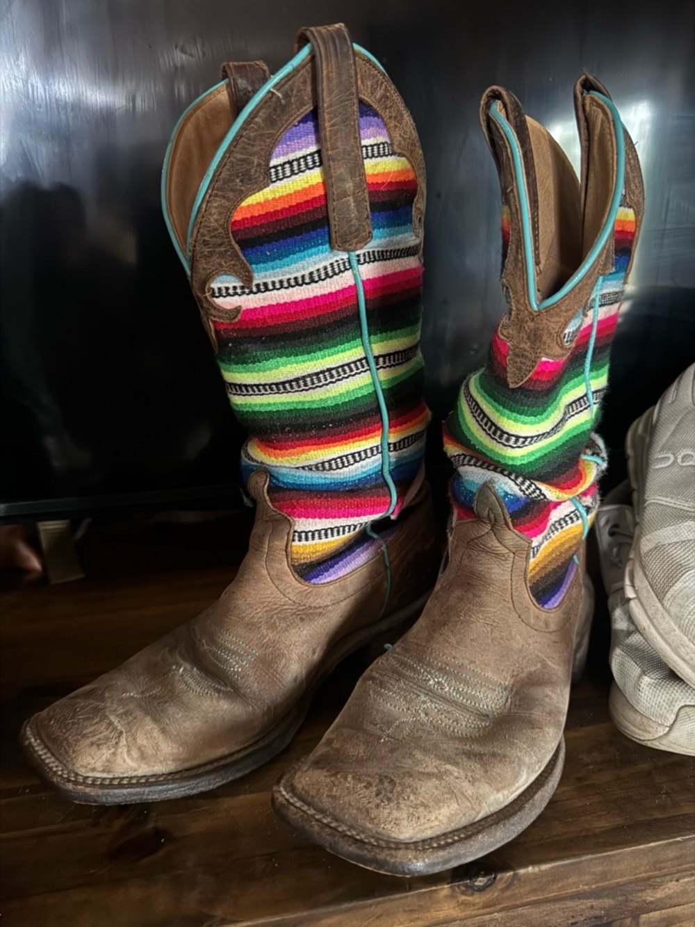 Anderson Bean Brown Leather Western Boots with Multicolor Serape Shaft